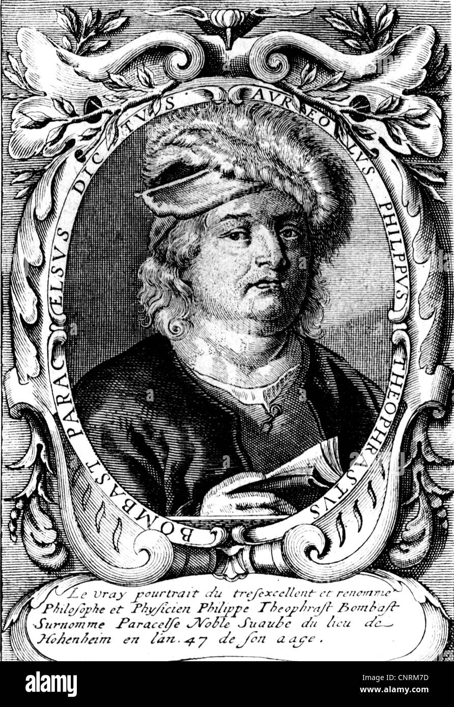 Paracelsus, Philippus, 10.11.1493 - 24.9.1541, Schweizer Arzt (Doktor), Philosoph, Porträt, im Alter von 47 Jahren, Französisch Kupferstich von anonym, 16. Jahrhundert, Artist's Urheberrecht nicht gelöscht werden Stockfoto