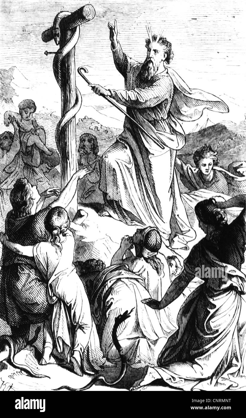 Moses, Prophet, biblischer Charakter, volle Länge, Wunder des Nehushtans, Holzgravur, 19. Jahrhundert, Stockfoto