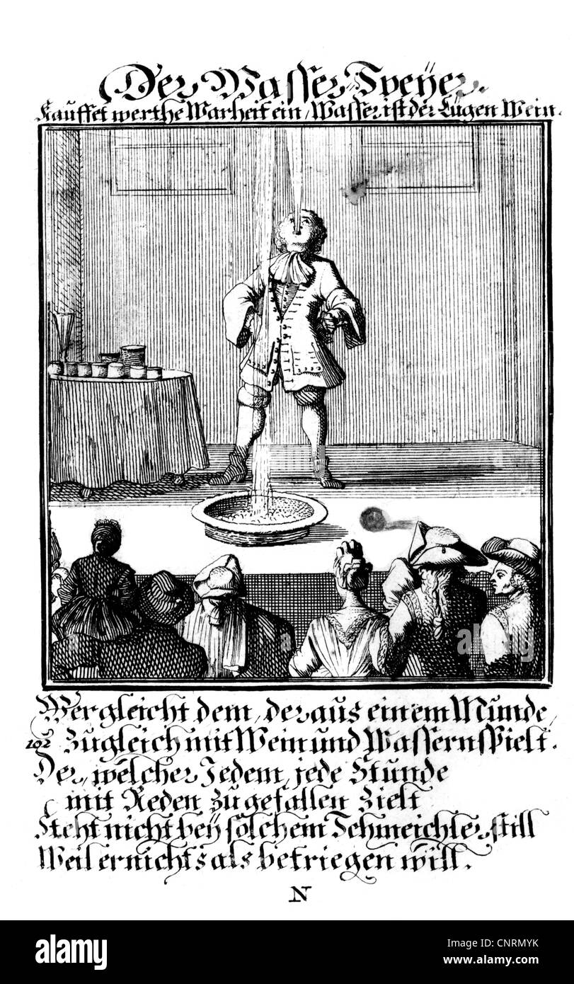 Zirkus, Schausteller, Wasserspeier, Kupferstich aus der taendebuch" von Christoph Weigel, 1698, mit Vers von Abraham a Santa Clara,, Artist's Urheberrecht nicht geklärt zu werden. Stockfoto