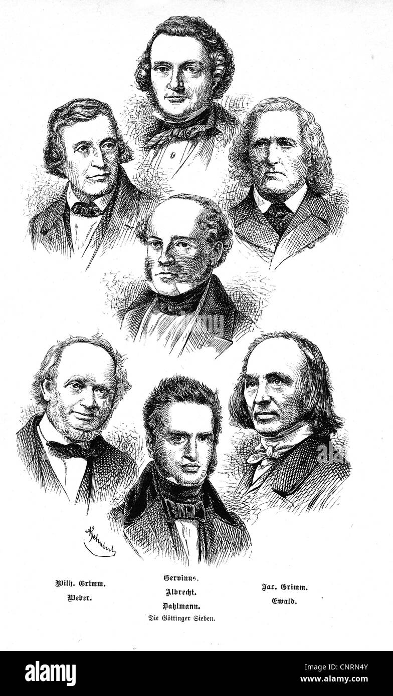 Geographie / Reisen, Deutschland, Politik, die Göttinger Sieben: Georg Gottfried Gervinus, Wilhelm und Jacob Grimm, Wilhelm Eduard Albrecht, Wilhelm Eduard Weber, Friedrich Christoph Dahlmann, Heinrich Ewald, Holzstich nach zeitgenössischen Bildern, 19. Jahrhundert, Additional-Rights-Clearences-not available Stockfoto