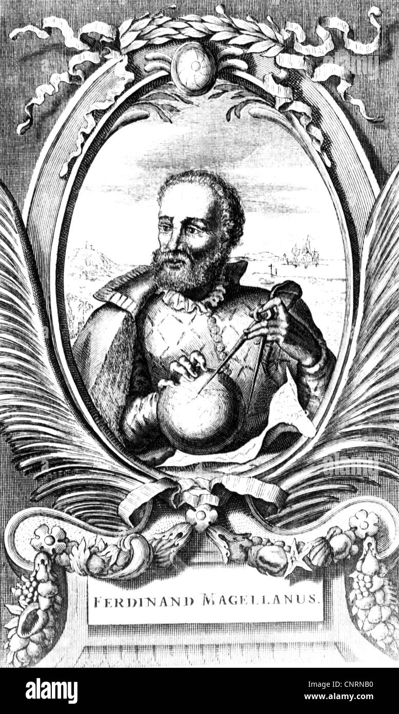 Magellaan, Ferdinand (Magalhaes, Fernao de), 1480 - 27.4.1521, portugiesischer Seefahrer und Entdecker, halbe Länge, Kupferstich, Artist's Urheberrecht nicht gelöscht werden Stockfoto