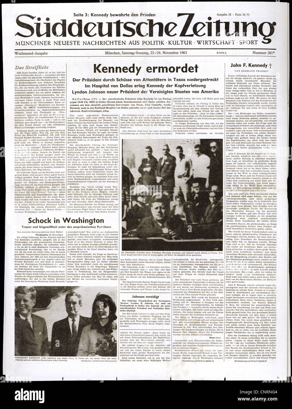 Presse / Medien, Zeitungen / Zeitschriften, 'Sueddeutsche Zeitung', Nr. 281, München, 23./24.11.1963, Titelseite, Überschrift: 'Kennedy Assassined', Zusatzrechte-Clearences-nicht vorhanden Stockfoto