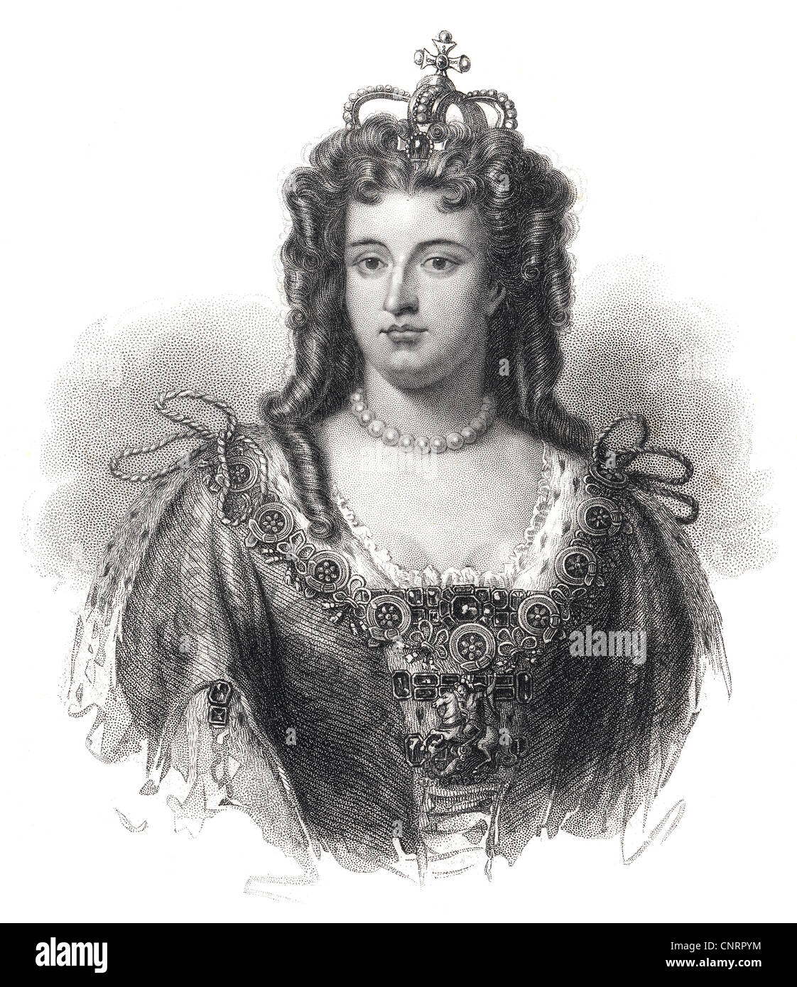 Anne Stuart, Königin von England, Schottland und Irland, 17. – 18. Jahrhundert, historische Stahlstich aus dem 19. Jahrhundert Stockfoto