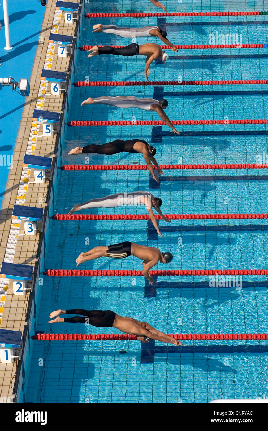 Beginn der Wettschwimmen. Stockfoto