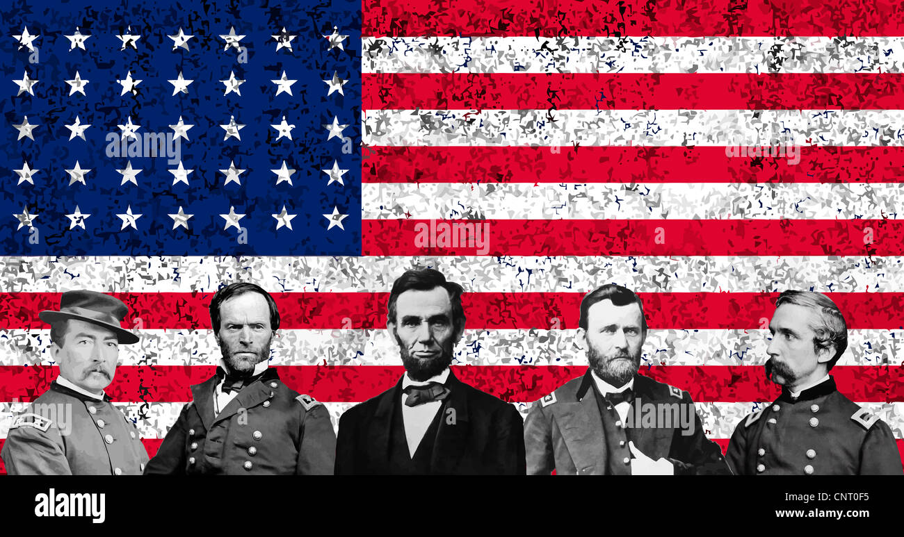 Vektor-Bild mit der oberen Union Generäle des amerikanischen Bürgerkrieges und Präsident Lincoln vor die amerikanische Flagge. Stockfoto