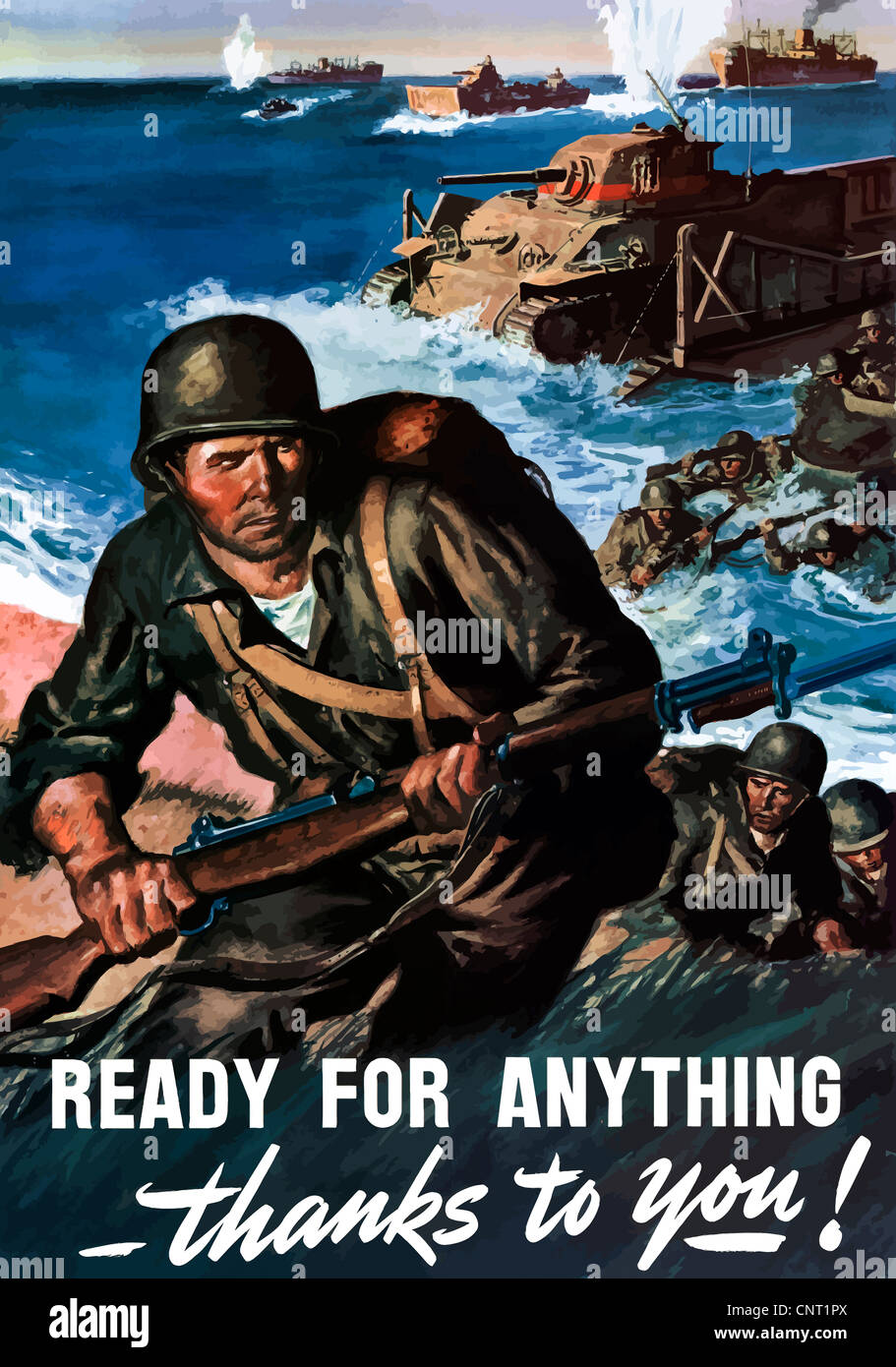 Dieses Vintage Poster des zweiten Weltkriegs verfügt über amerikanische Soldaten und Panzer, die Erstürmung des feindlichen Strand unter Beschuss. Stockfoto