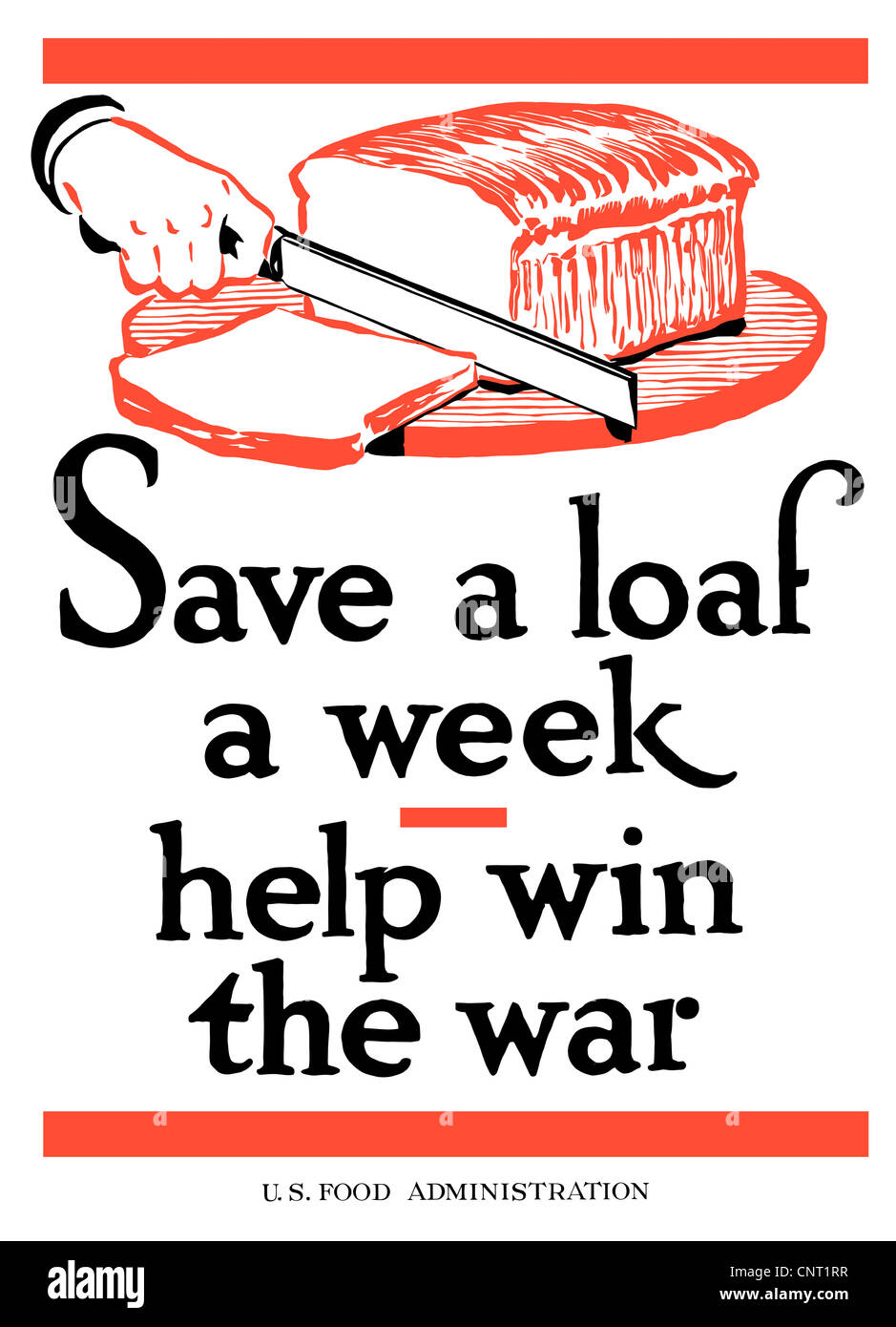Dieses Vintage Poster des zweiten Weltkriegs verfügt über ein Messer, einen Laib Brot zu schneiden. Stockfoto