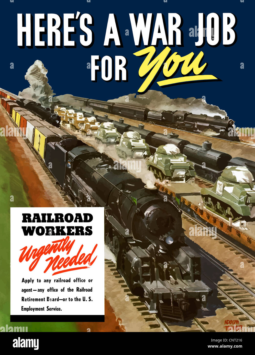 Dieses Vintage Poster des zweiten Weltkriegs bietet Züge ihre Fracht auf den Schienen zu beschleunigen. Stockfoto