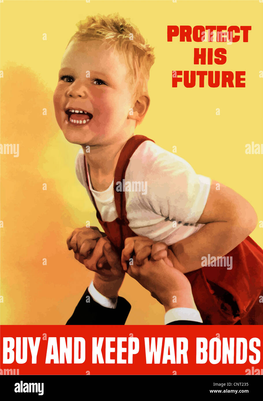 Dieses Vintage Poster des zweiten Weltkriegs verfügt über des Vaters Hände halten ein lächelndes Kind. Stockfoto