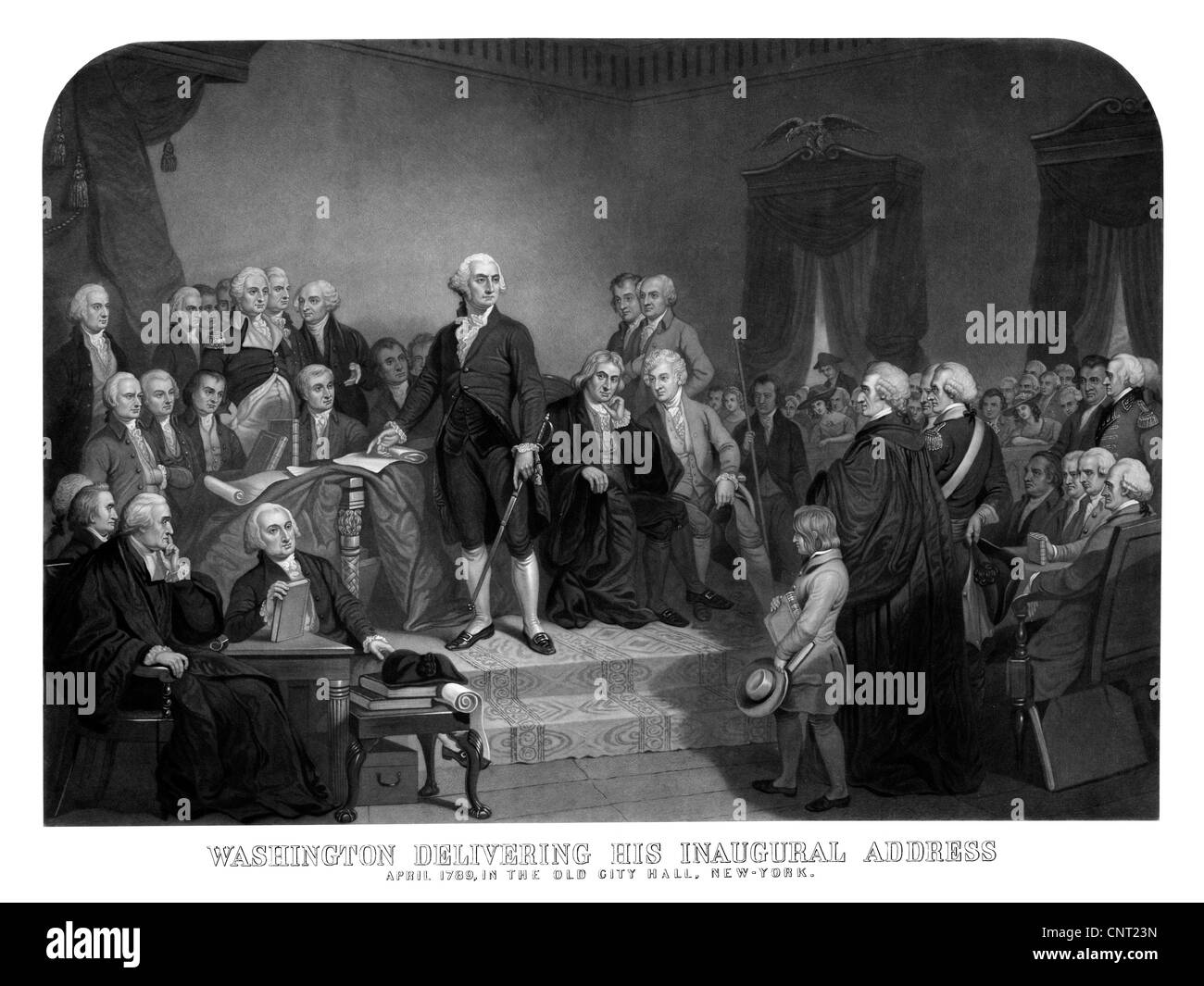 Digital restaurierten Druck von Präsident George Washington seine Antrittsrede zu liefern. Stockfoto