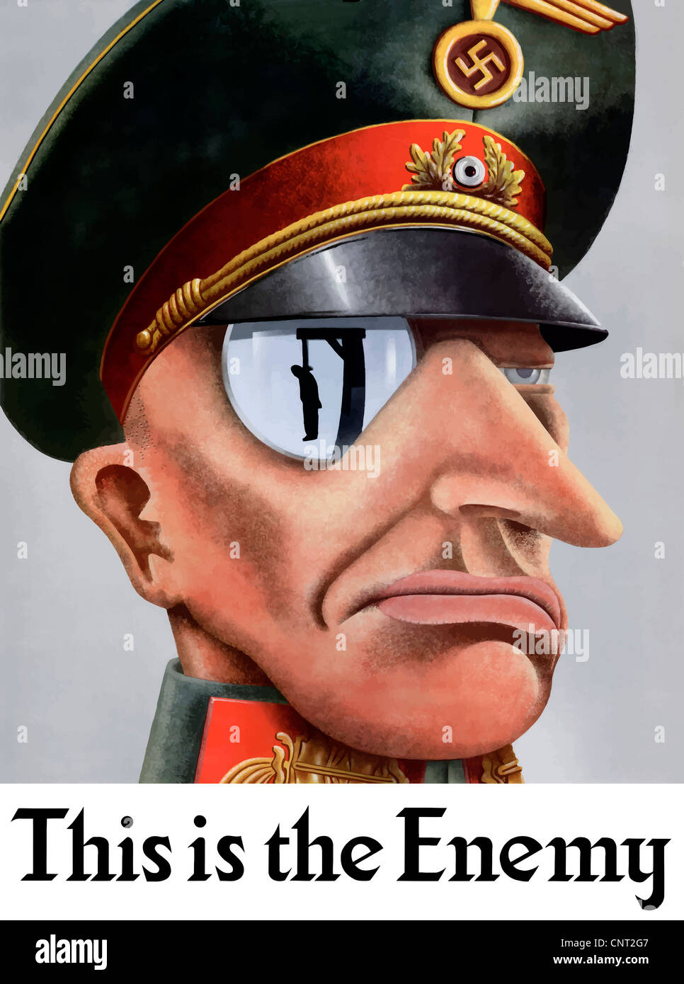 Dieses Vintage Poster des zweiten Weltkriegs bietet das Gesicht eines deutschen Offiziers trägt ein Monokel. Stockfoto