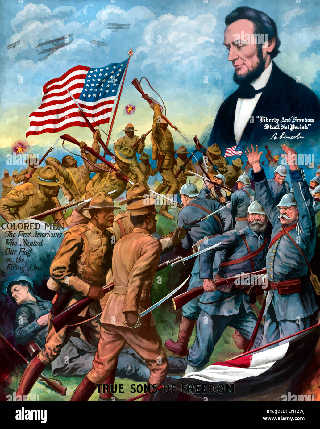 Vintage Weltkrieg Plakat des afroamerikanischen Truppen in der Schlacht im ersten Weltkrieg. Stockfoto