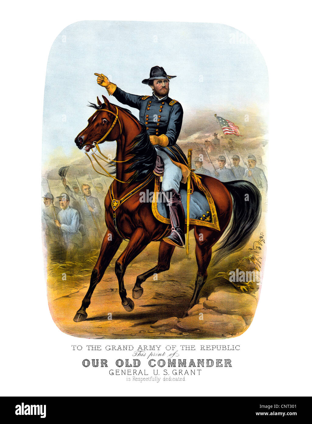 Vintage Bürgerkrieg Poster von General Ulysses S. Grant, zu Pferd, Führung Union Truppen in die Schlacht. Stockfoto