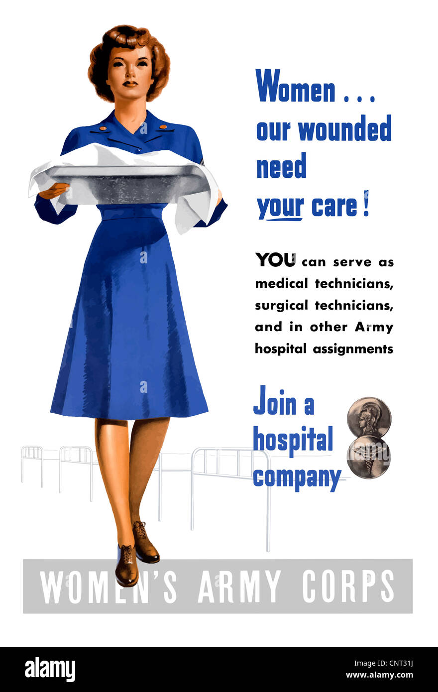 Vintage Weltkrieg Plakat ein Armeekorps Krankenschwester in einem Krankenhaus arbeiten. Stockfoto