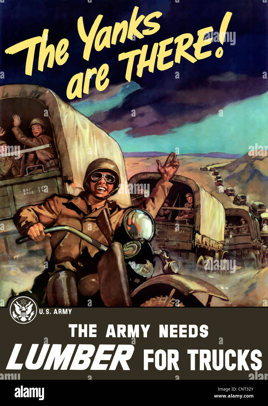 Vintage Weltkrieg-Plakat der militärische Transport-LKW voller Truppen fahren auf einem langen Weg. Stockfoto