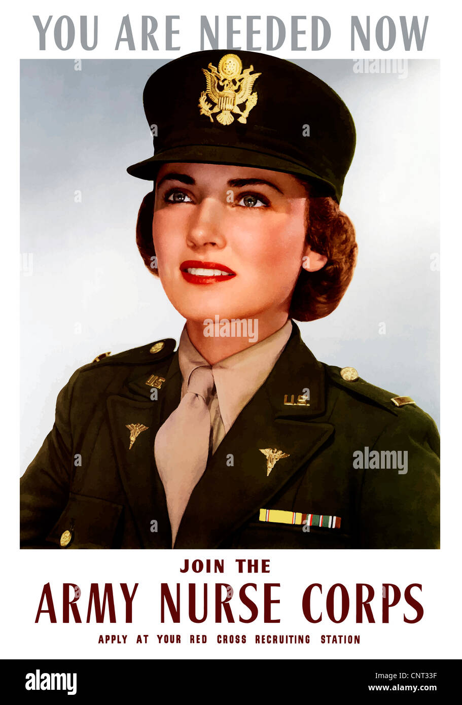 Vintage Weltkrieg-Plakat von einem lächelnden weiblichen Offizier der US Army Medical Corps. Stockfoto