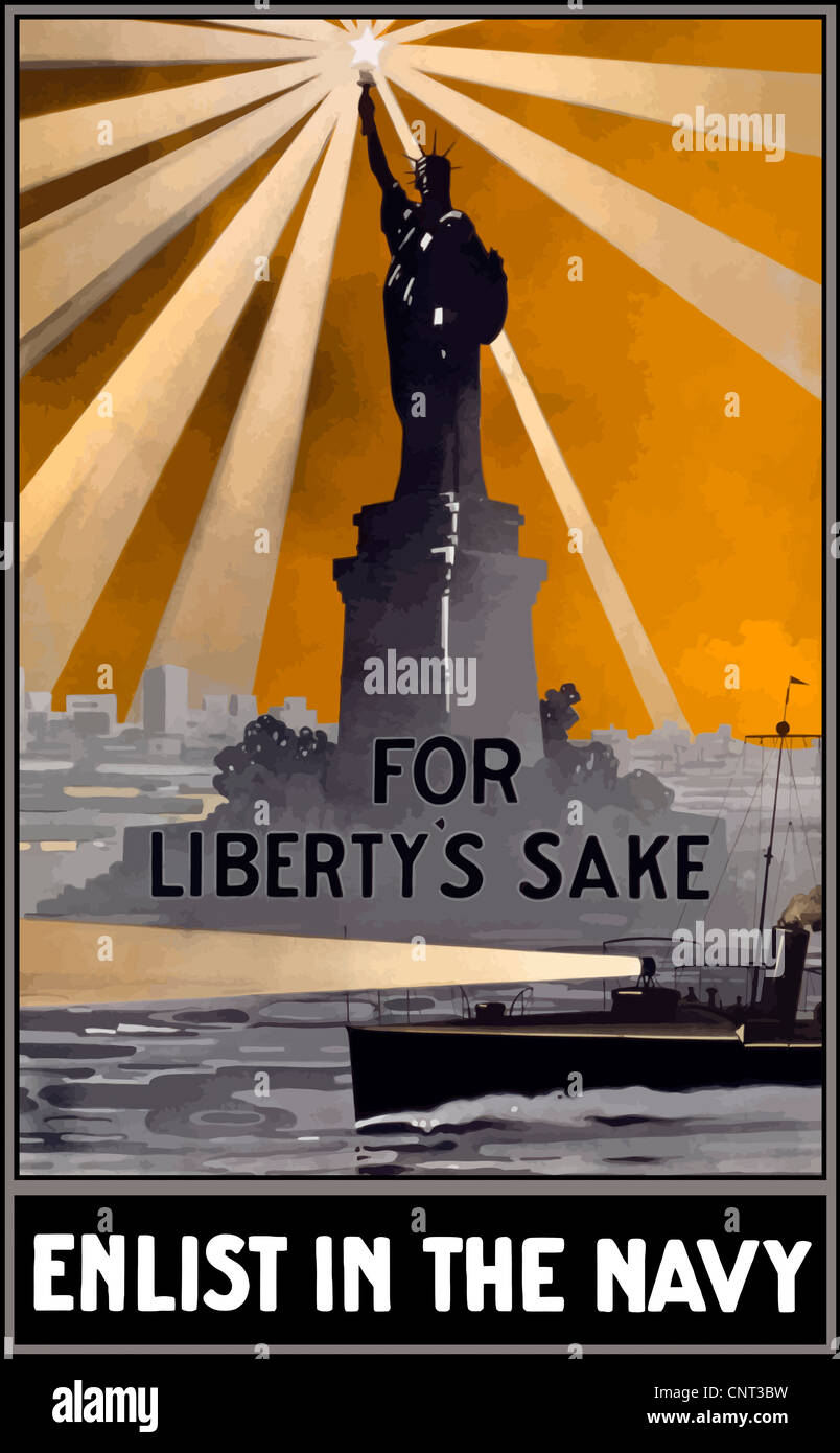 Vintage Weltkrieg Poster mit einem Schiff mit einem Scheinwerfer an der Freiheitsstatue vorbei Segeln. Stockfoto