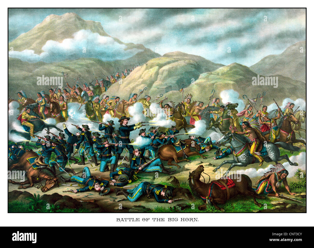 Vintage Militär Drucken mit der Schlacht von Little Bighorn, auch bekannt als Custer's Last Stand. Stockfoto