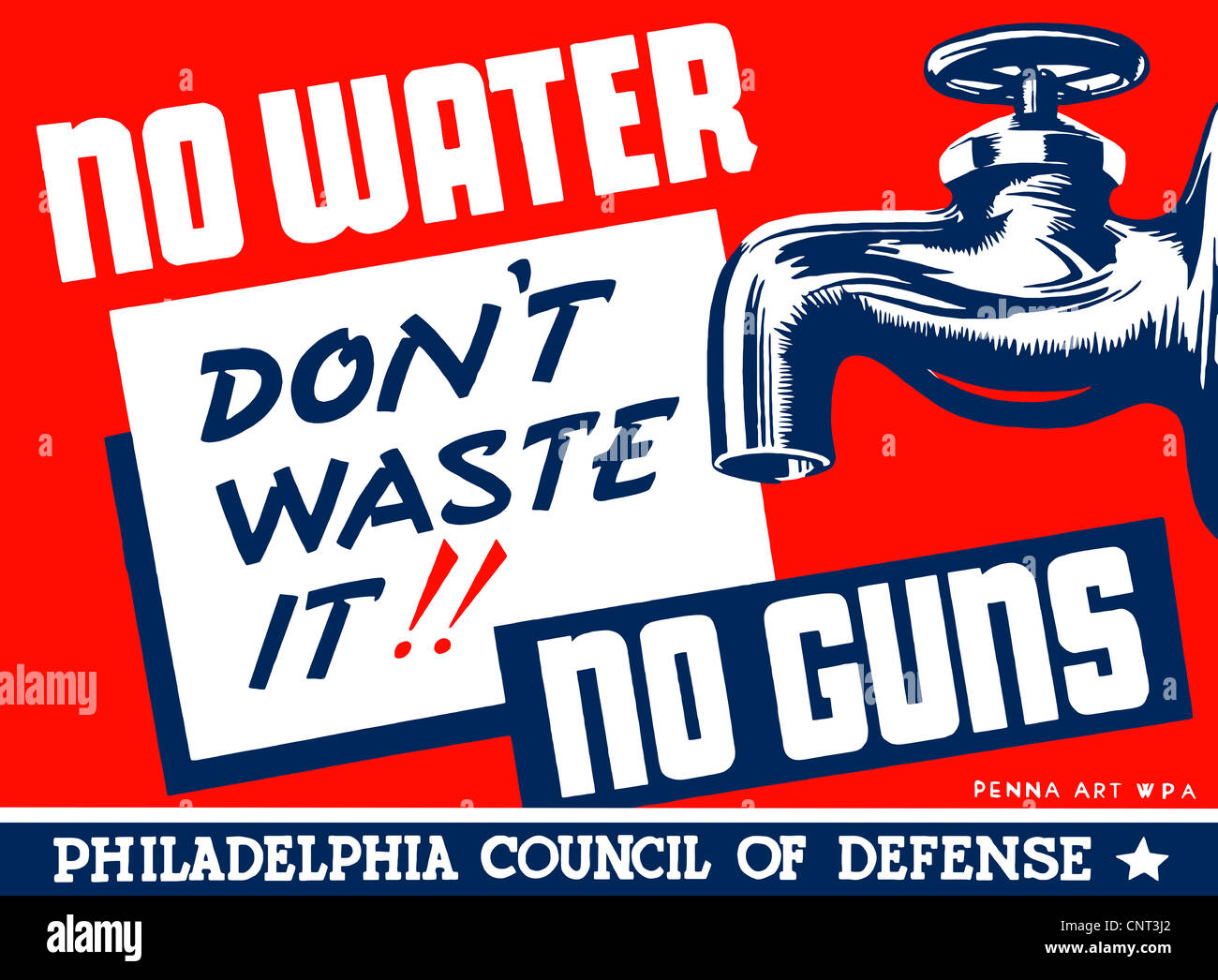 Vintage Weltkrieg-Plakat von einem riesigen Wasserhahn. Stockfoto