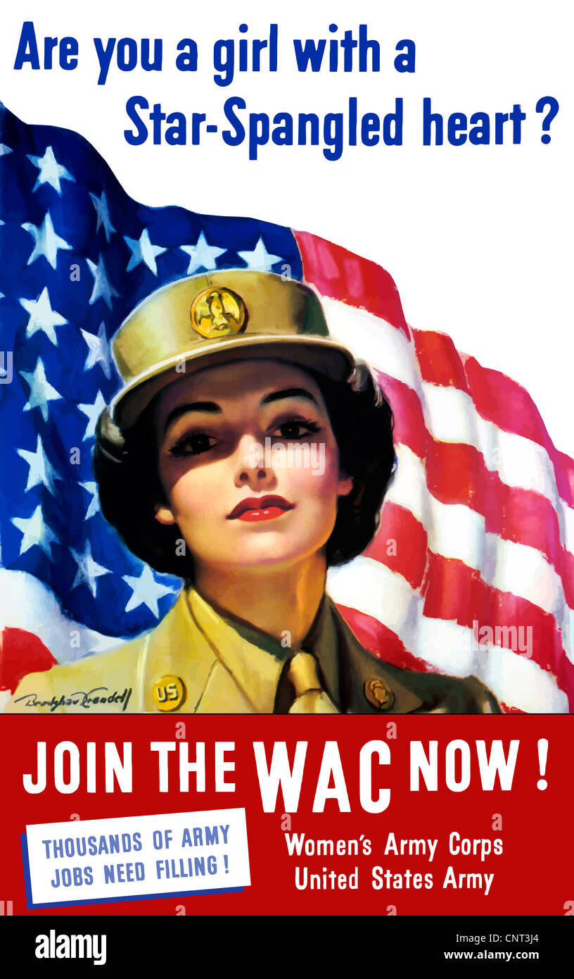Vintage Weltkrieg Plakat eines Mitglieds der Frauen Armeekorps stand vor der amerikanischen Flagge. Stockfoto