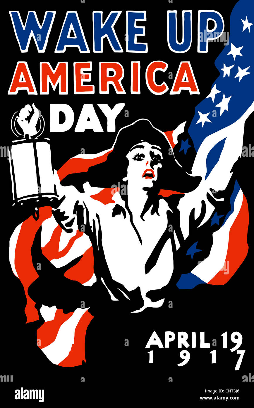 Vintage Weltkrieg Poster eine Minuteman hält eine Laterne und steht mit der amerikanischen Flagge. Stockfoto