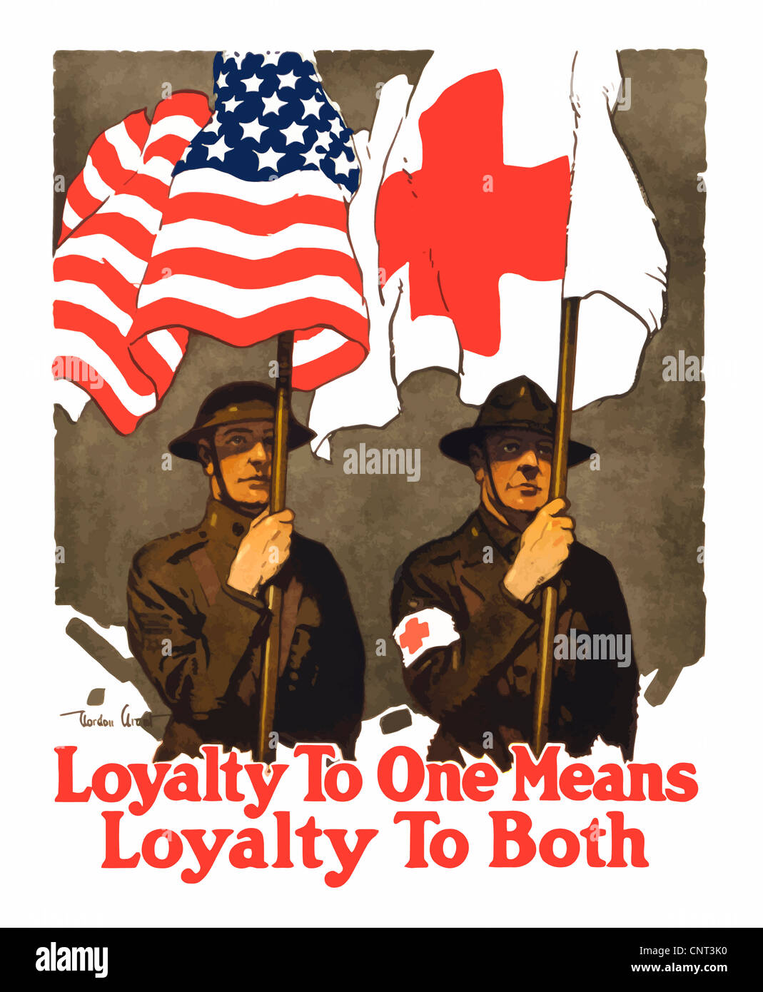 Vintage Weltkrieg-Plakat von zwei Soldaten halten Flaggen, eine amerikanische Flagge, zum anderen die Flagge des Roten Kreuzes. Stockfoto
