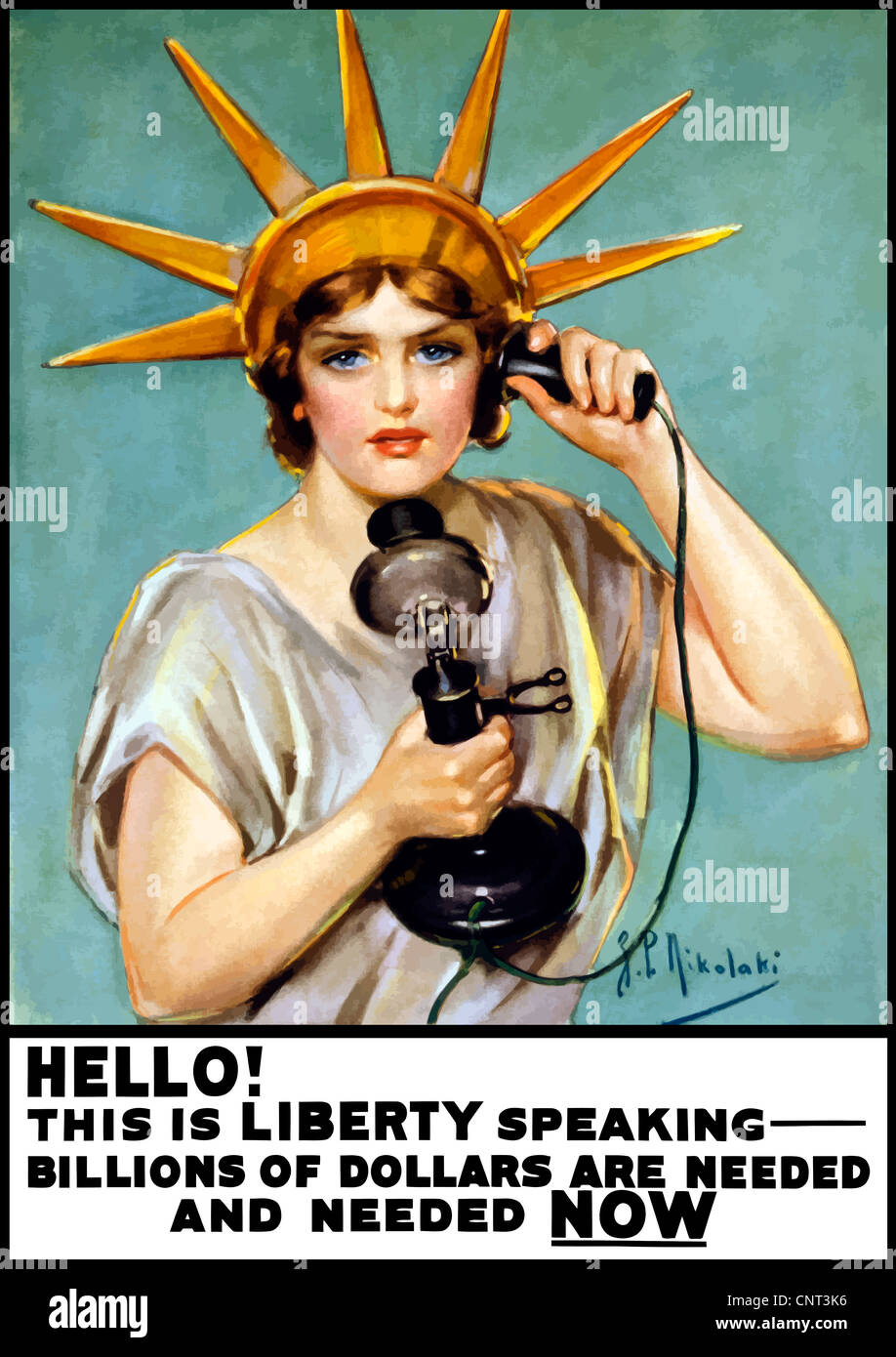 Vintage Weltkrieg Poster von der Statue of Liberty im Gespräch am Telefon. Stockfoto