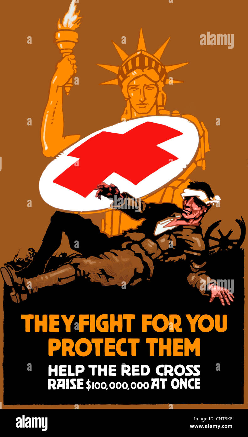 Vintage Weltkrieg Poster von der Statue of Liberty für einen verwundeten Soldaten mit einem roten Kreuz-Schild. Stockfoto