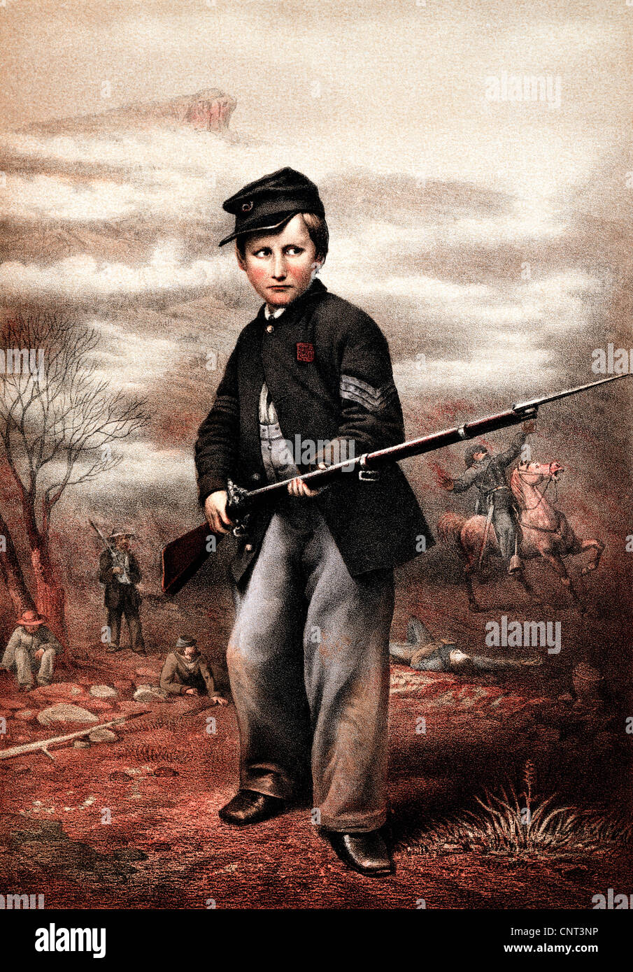 Vintage Bürgerkrieg Druck eine Union Drummer Boy, John Clem, hält eine Waffe auf dem Schlachtfeld. Stockfoto
