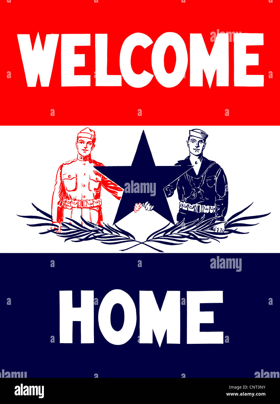 Vintage Weltkrieg Poster ein Soldat und ein Matrose hält einen Stern. Es lautet: Welcome Home. Stockfoto