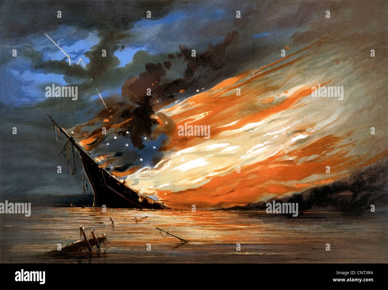 Vintage Bürgerkrieg Malerei eines Kriegsschiffes brennen in eine ruhige See. Stockfoto