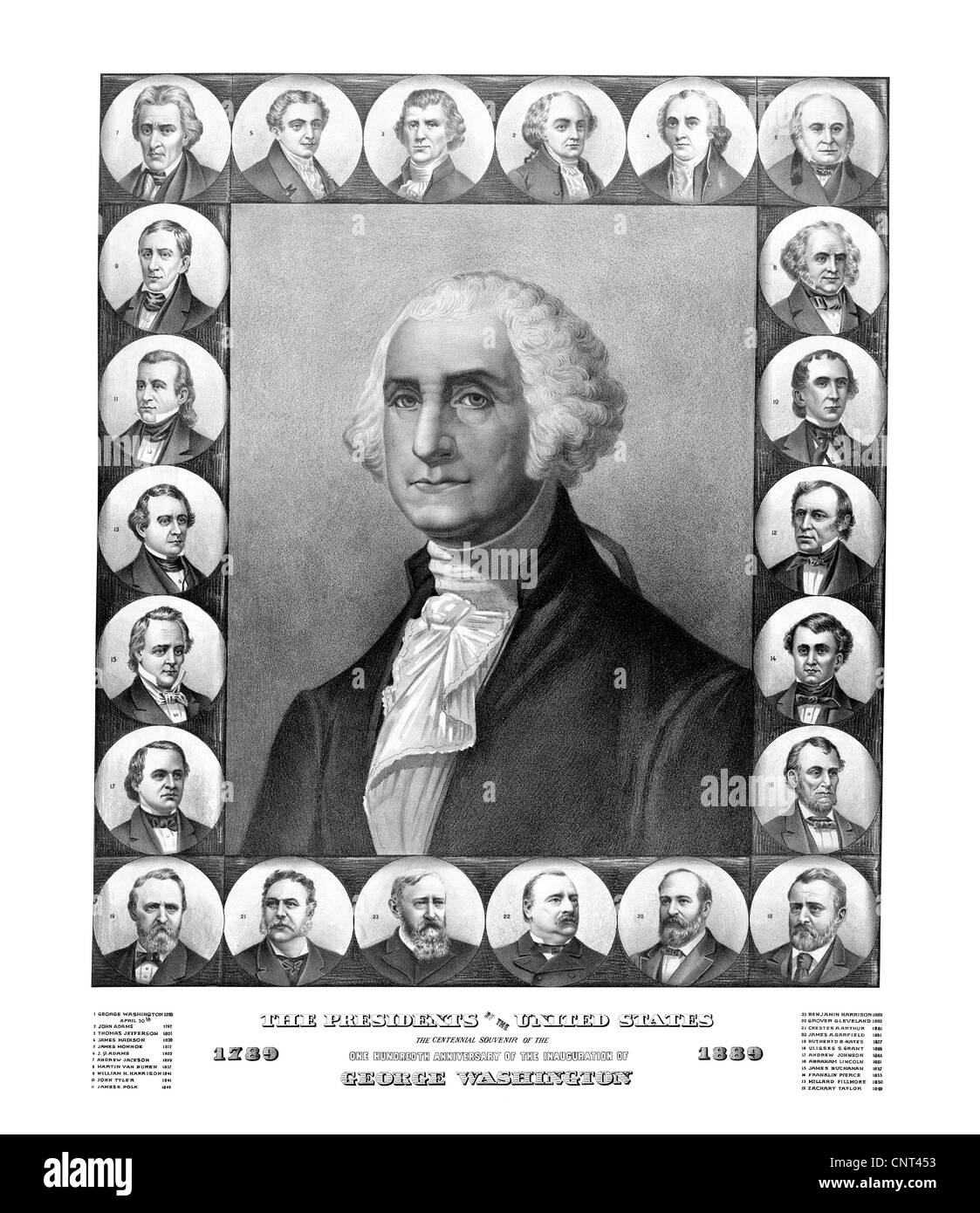 Vintage American History Drucken der ersten dreiundzwanzig Präsidenten der Vereinigten Staaten. Stockfoto