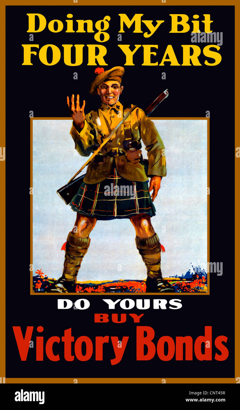 Vintage Weltkrieg ein Plakat eines Soldaten hält vier Finger. Stockfoto