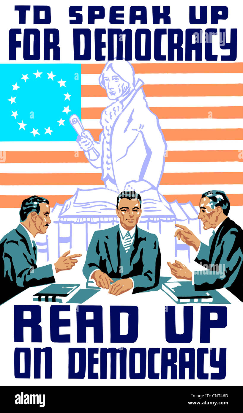 Vintage WPA-Poster der drei Mann sprechen und lesen an einem Tisch. Stockfoto