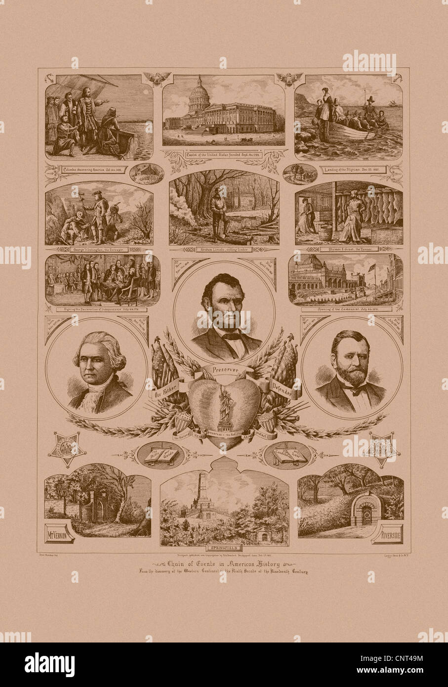 Vintage American History Drucken mit Bildern des Präsidenten Ulysses S. Grant, Abraham Lincoln und George Washington. Stockfoto