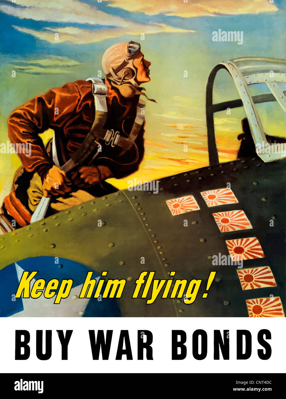 Vintage Weltkrieg Plakat eines Kampfpiloten in seinem Flugzeug klettern. Es liest: lassen Sie ihn fliegen! Kriegsanleihen zu kaufen. Stockfoto
