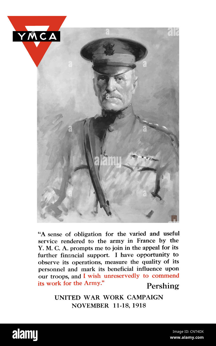 Vintage Weltkrieg ein Plakat von General John Pershing und dem YMCA-Logo. Stockfoto