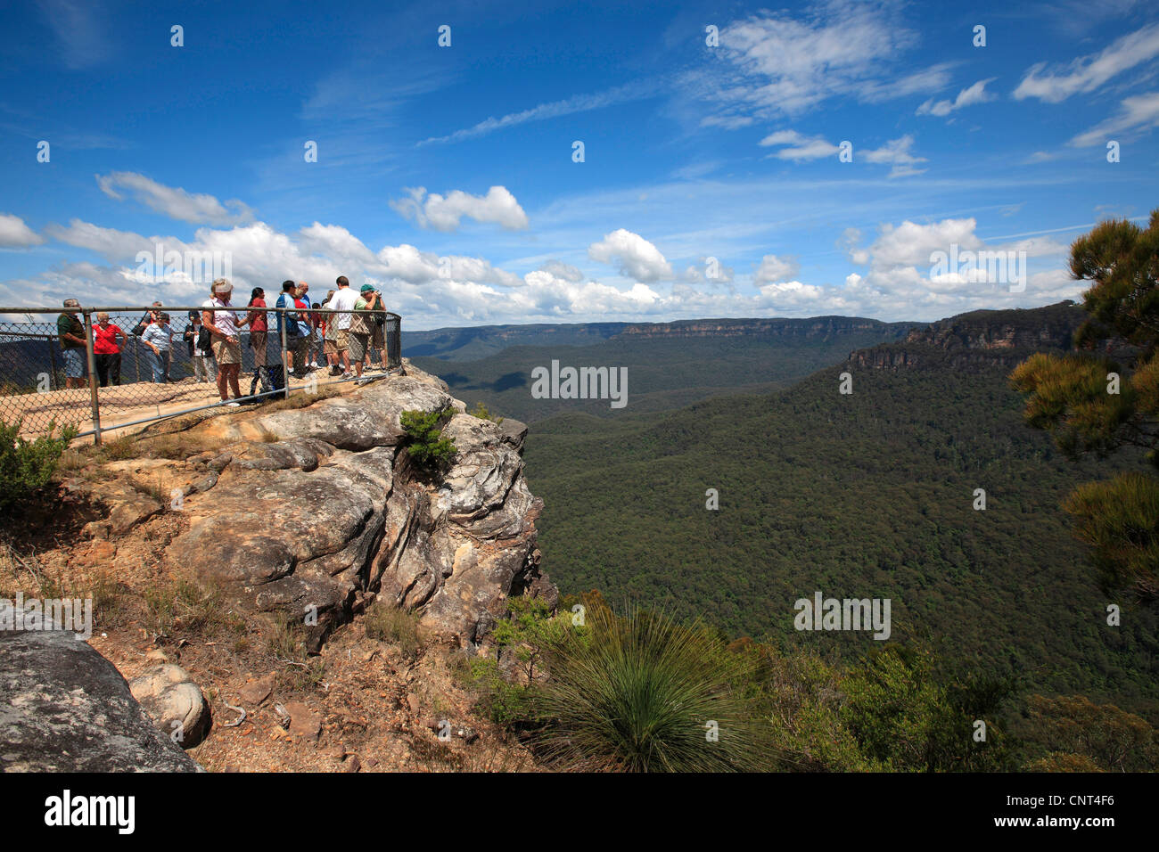 Erhabene Punkt, im Hintergrund die "drei Schwestern", Australien, New South Wales, Blue Mountains National Park Stockfoto