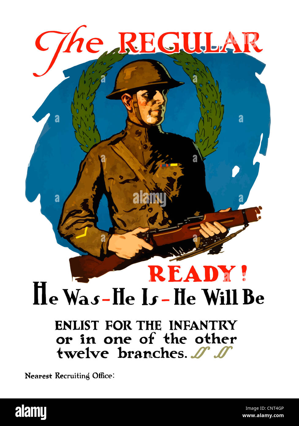 Vintage Weltkrieg Plakat des amerikanischen Infanterist hält sein Gewehr. Stockfoto