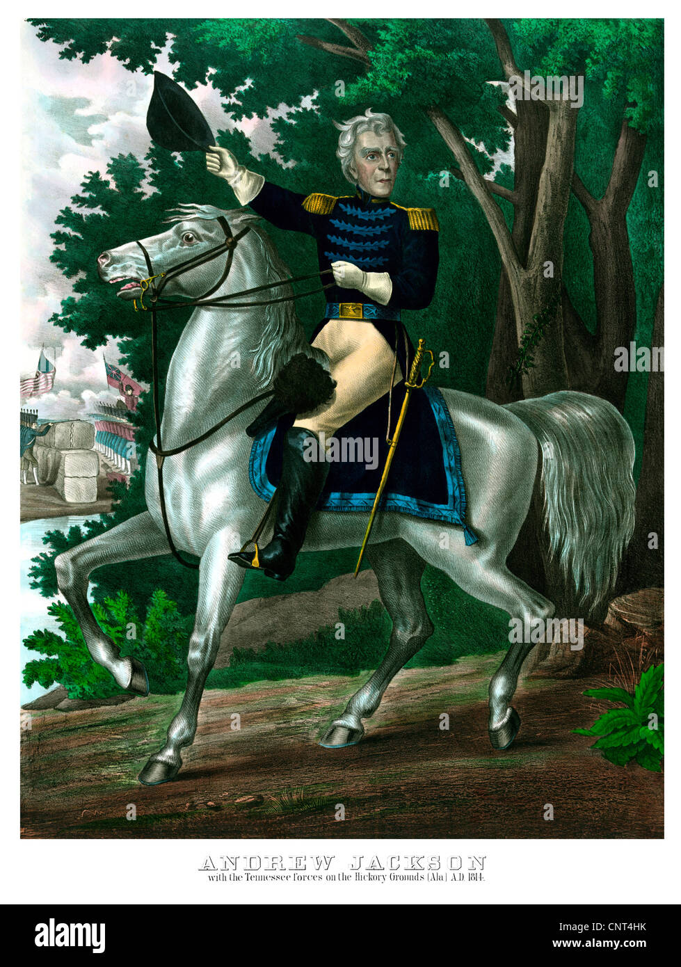 Vintage American History Drucken von General Andrew Jackson auf dem Pferderücken, führende Truppen während der Schlacht. Stockfoto