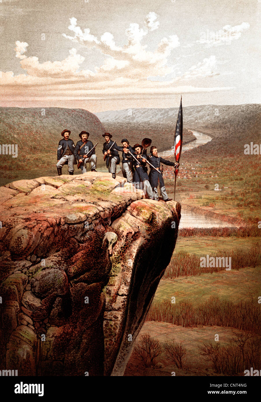 Vintage Bürgerkrieg Drucken von Unionssoldaten posieren und hält die amerikanische Flagge auf dem Gipfel des Lookout Mountain. Stockfoto