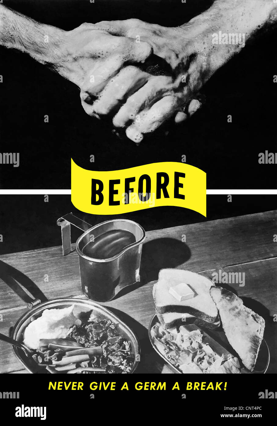 Vintage Weltkrieg Poster von zwei seifigen Händen abwaschen und ein Soldat Mahlzeit auf dem Tisch Stockfoto