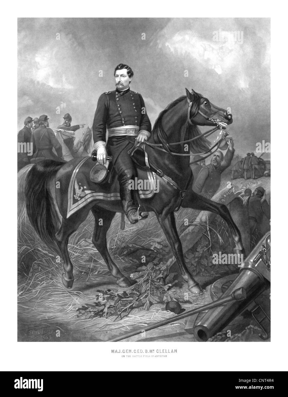 Vintage Bürgerkrieg Druck der Union General George McClellan auf dem Pferderücken. Stockfoto