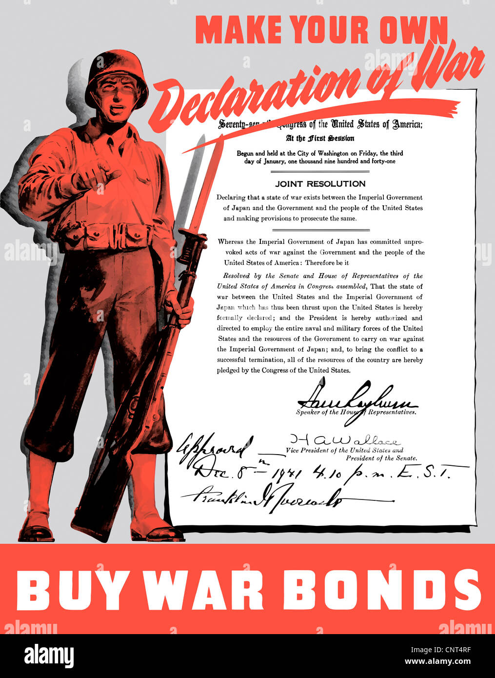 Vintage Weltkrieg Poster ein Soldat hält sein Gewehr und eine Kopie der Entschließung erklärt Japan den Krieg. Stockfoto