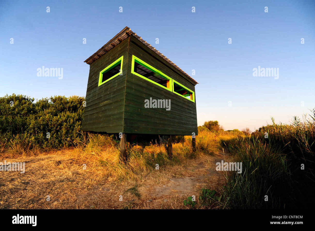 Vogelbeobachtung-Hütte, Griechenland, Peloponnes, Natura 2000 Gebiet Gialova Lagune Stockfoto