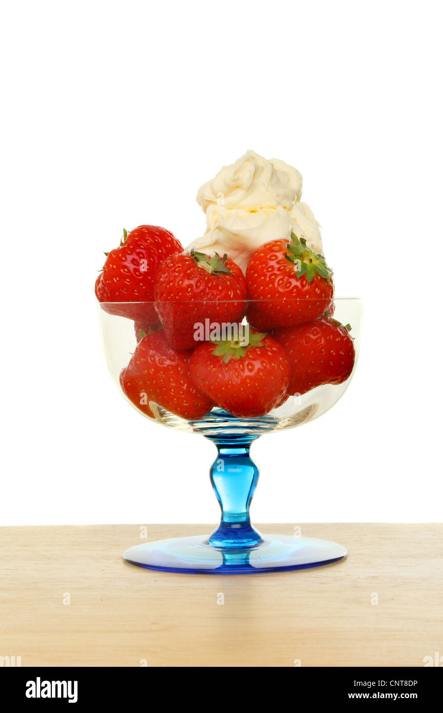 Erdbeeren und Cornish Clotted Cream in einem Eisbecher Glas auf eine Holzoberfläche vor einem weißen Hintergrund Stockfoto