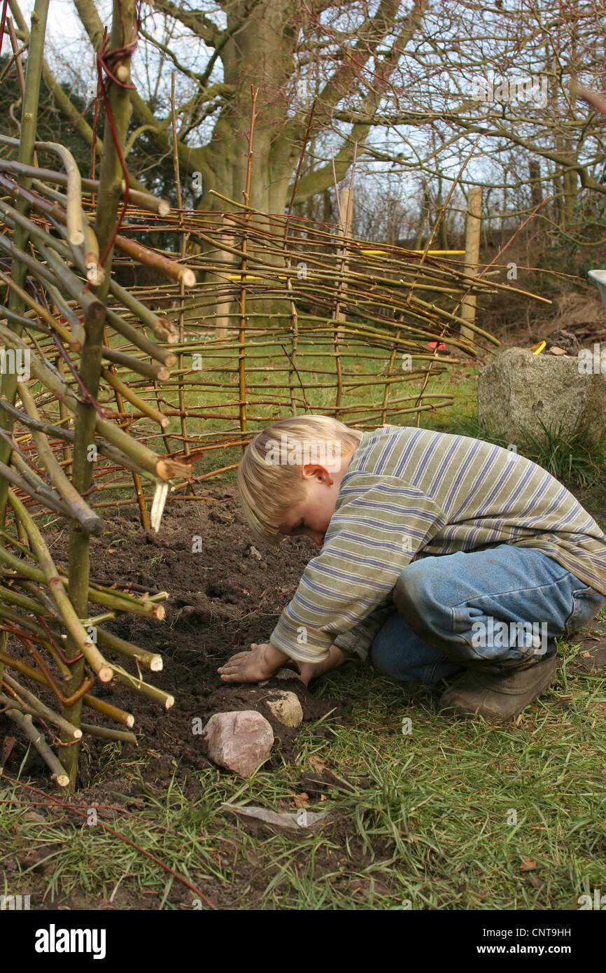 kleiner Junge seinen eigenen Gemüsegarten umgeben von Pflastersteinen zu schaffen und durch einen Zaun getrennt gemacht von Weidenzweigen, Deutschland Stockfoto