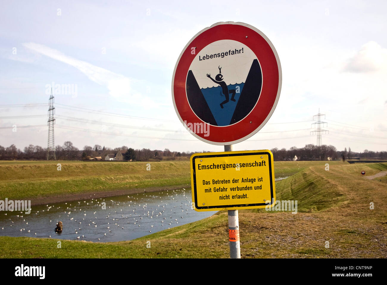 Warnung gegen das Ertrinken, Dinslaken, Ruhrgebiet, Nordrhein-Westfalen, Deutschland Stockfoto