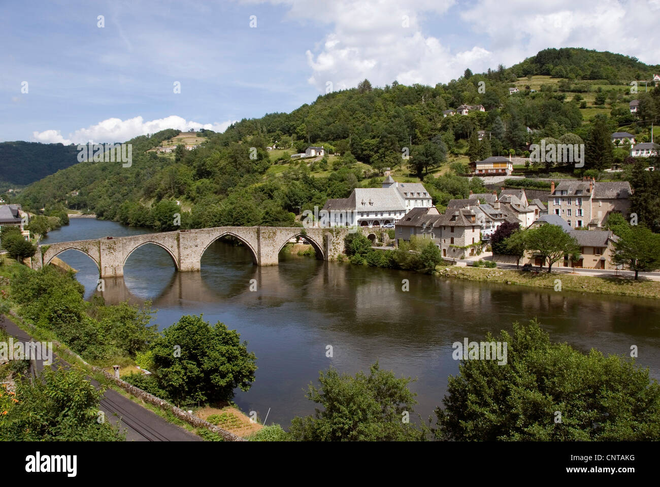 gotische Brücke über Truyere, Frankreich, Midi-Pyrenees, Entraygues-Sur-Truyere Stockfoto
