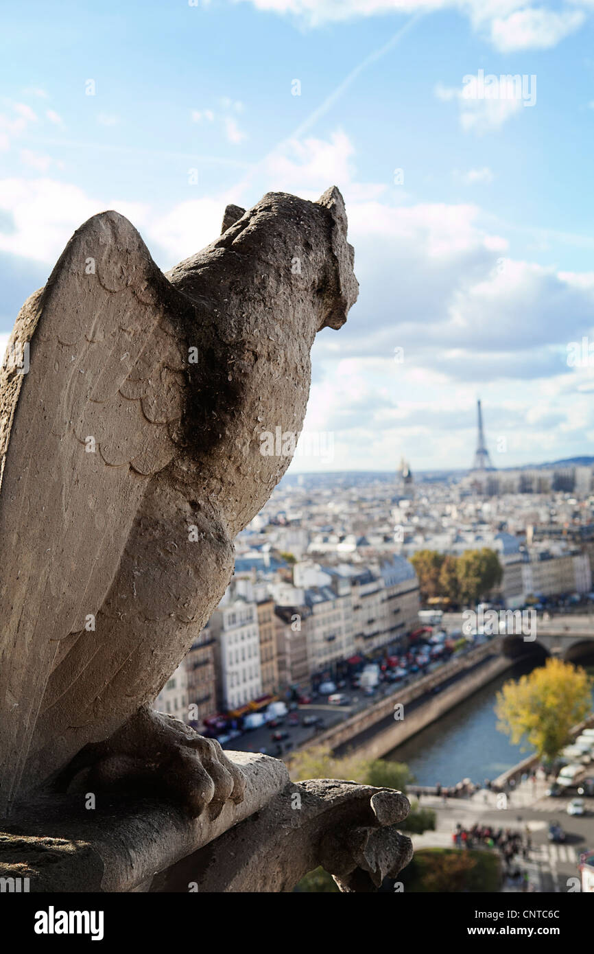 Wachsames Auge: Gargoyle mit Blick auf Paris im Herbst Stockfoto